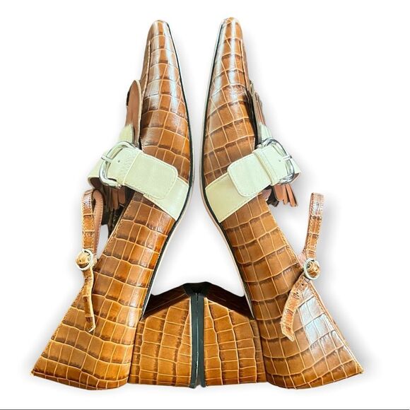 CHIN CHIN Designer Crocodile Print Square Toe Leather Fringe Heeled Loafers - Picture 6 of 15